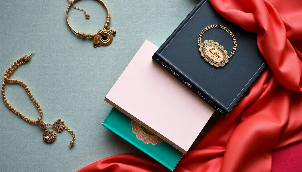Fashion books with elegant accessories and textile background.