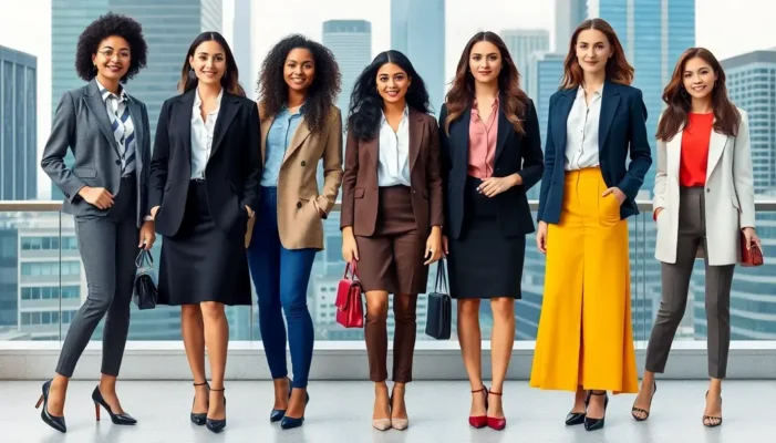 Various women modeling different professional office outfits against a city backdrop.