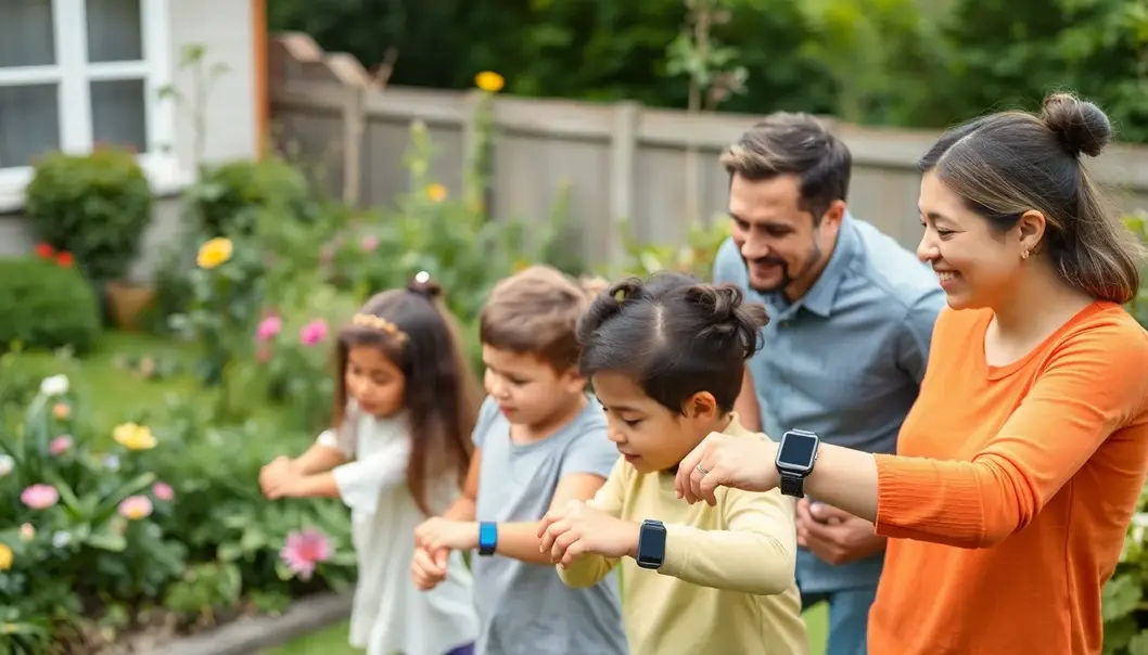 Family integrating wearable technology in daily life for safety and health.