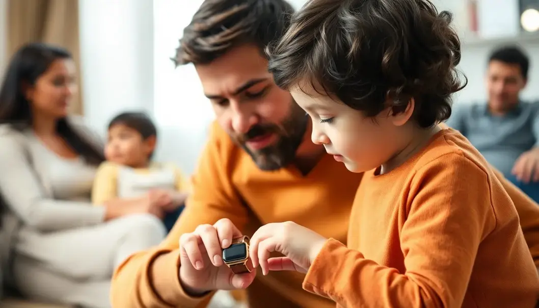 Family integrating wearable technology in daily life for safety and health.