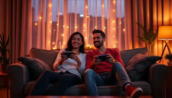 A couple playing video games together in a warm, cozy living room setting.