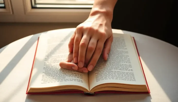 Intertwined hands on a book, representing literature's role in love.