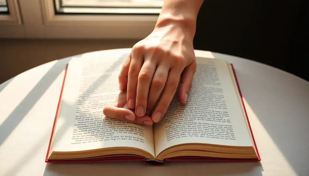 Intertwined hands on a book, representing literature's role in love.