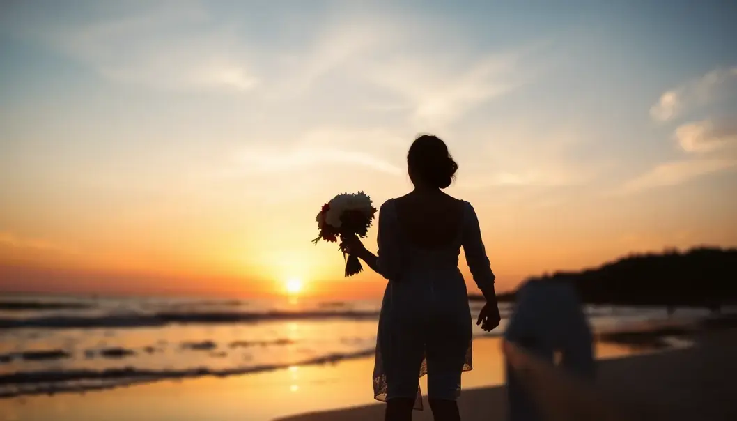 A newlywed couple finds unity and hope in the hues of a sunset.