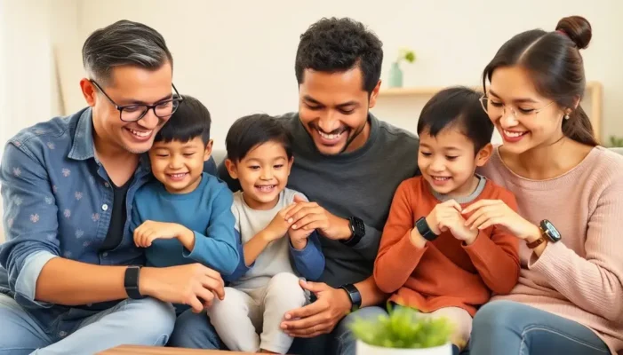 Family members from various backgrounds using wearable devices in home activities.
