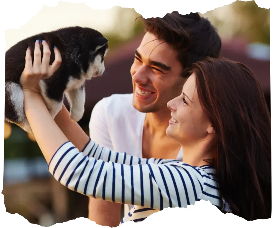 Smiling couple holding a husky puppy outdoors, lifestyle banner image