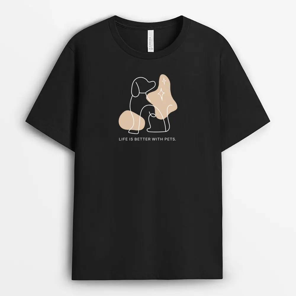 Black T-shirt with better life with pets slogan and paw print art