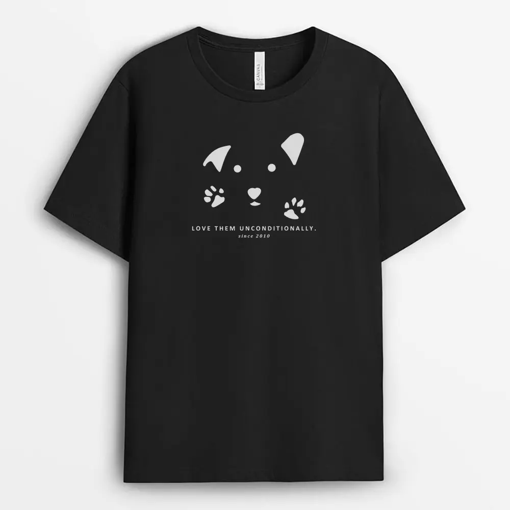 Black T-shirt with white paw print graphic and unconditional love pet design